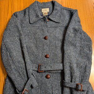 LL Bean Coat Womens XL Blue Tweed Wool Blend belted Button Front Silk Lined